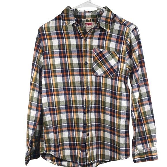 Levi's Flannel Shirt Boys 14/16 Plaid Button Down Long Sleeve Pocket Green - Picture 1 of 5